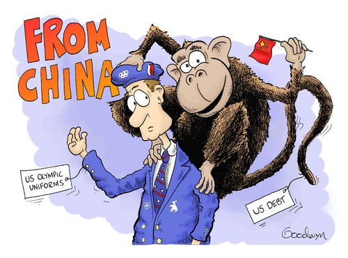 Cartoon: From China (medium) by Goodwyn tagged economy,debt,tags,uniform,monkey,olympics,america,china