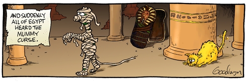 Cartoon: Mummy Curse (medium) by Goodwyn tagged mummy,egypt,hyroglyphics,cat,attack,tomb