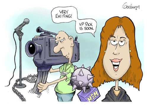 Cartoon: Prepping for the VP Announcement (medium) by Goodwyn tagged trap,mace,reporter,microphone,gun,camera,media,romney,president,vice