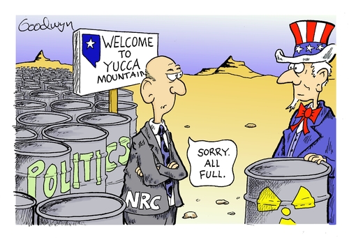 Cartoon: Yucca Mountain (medium) by Goodwyn tagged sam,uncle,politics,mountain,yucca,nrc,nuclear,hat,radioactive,barrel