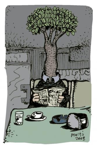 Cartoon: tree being (medium) by mortimer tagged trees,nature,mortimer,baum,stamm,mensch,dasein,dryade,wachstum,natur,wald,umwelt,ökologie,cafe,kaffee,zeitung,frühstück