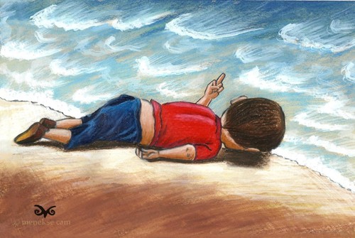 Cartoon: Aylan Kurdi (medium) by menekse cam tagged kurdi,aylan,terror,war,refugee,europe,turkey,syria,child