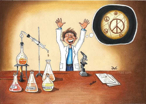 Cartoon: Chemistry for Peace (medium) by menekse cam tagged hosgoru,sevgi,peace,innocence,tolerance,love,masumiyet,baris,love,tolerance,innocence,peace,sevgi,hosgoru,masumiyet,baris