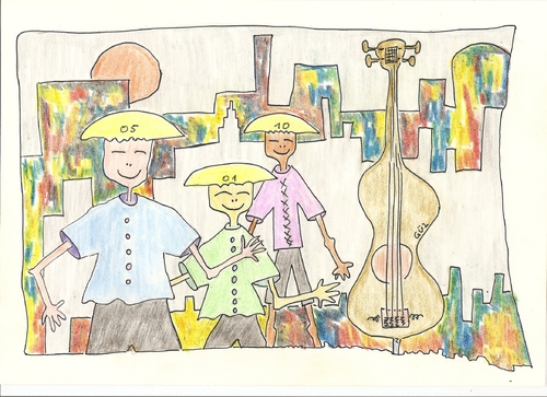 Cartoon: musikanten strassenmusiker (medium) by skätch-up tagged chinesen,kontrabass,strasse,erzählen