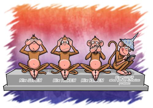 Cartoon: 4 Affen (medium) by Joshua Aaron tagged affen,weisheit,dummheit,verschwörungstheorien,aluhut,affen,weisheit,dummheit,verschwörungstheorien,aluhut
