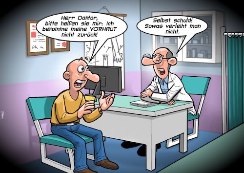 Cartoon: Beim Doktor (medium) by Joshua Aaron tagged doktor,vorhaut,verleih,patient,praeputium,doktor,vorhaut,verleih,patient,praeputium