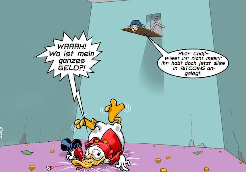 Cartoon: Bitcoins in Entenhausen (medium) by Joshua Aaron tagged dagobert,duck,bitcoin,cryptowährung,geldspeicher,bargeld,dagobert,duck,bitcoin,cryptowährung,geldspeicher,bargeld