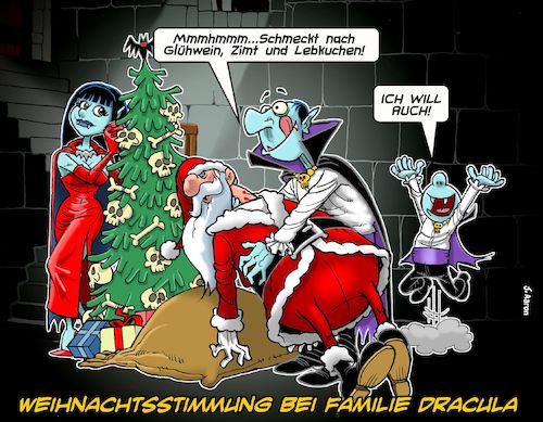 Cartoon: Draculas Weihnacht (medium) by Chris Berger tagged dracula,santa,claus,xmas,christmas,bloodsucker,vampir,familie,dracula,santa,claus,xmas,christmas,bloodsucker,vampir,familie
