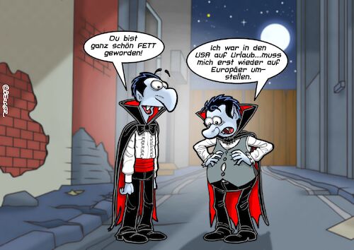 Cartoon: Fatty (medium) by Chris Berger tagged dracula,vampir,blutsauger,obesity,fettsucht,usa,amerika,fettleibigkeit,blutfett,fast,food,dracula,vampir,blutsauger,obesity,fettsucht,usa,amerika,fettleibigkeit,blutfett,fast,food