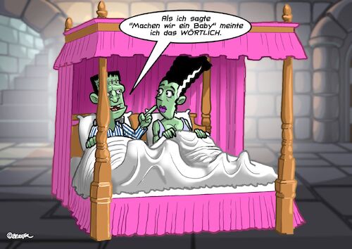 Cartoon: Frankensteins Baby (medium) by Joshua Aaron tagged frankenstein,braut,monster,baby,horror,frankenstein,braut,monster,baby,horror
