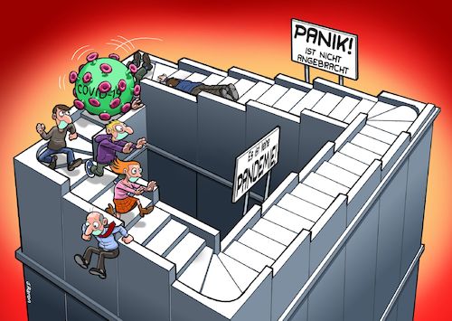 Cartoon: keine PANIK (medium) by Joshua Aaron tagged corona,virus,mc,escher,panikmache,angst,covid,19,corona,virus,mc,escher,panikmache,angst,covid,19