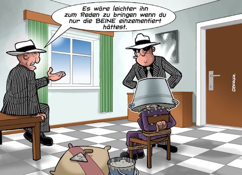 Cartoon: Kopflose Befragung (medium) by Joshua Aaron tagged mafia,killer,befragung,verhör,zementschuhe,mafia,killer,befragung,verhör,zementschuhe