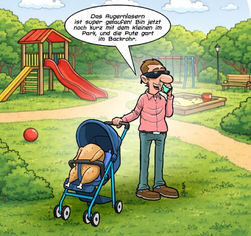 Cartoon: Lasern (medium) by Chris Berger tagged kurzsichtig,laserbehandlung,augenlasern,kind,pute,vater,brille,kurzsichtig,laserbehandlung,augenlasern,kind,pute,vater,brille