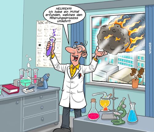 Cartoon: Meteor (medium) by Chris Berger tagged erfinder,alterungsprozess,chemie,erfindung,weltuntergang,meteor,deep,impact,erfinder,alterungsprozess,chemie,erfindung,weltuntergang,meteor,deep,impact