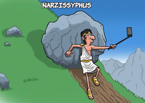 Cartoon: Narzissyphus (medium) by Joshua Aaron tagged narziss,sisyphus,mythologie,smartphone,selfie,narziss,sisyphus,mythologie,smartphone,selfie