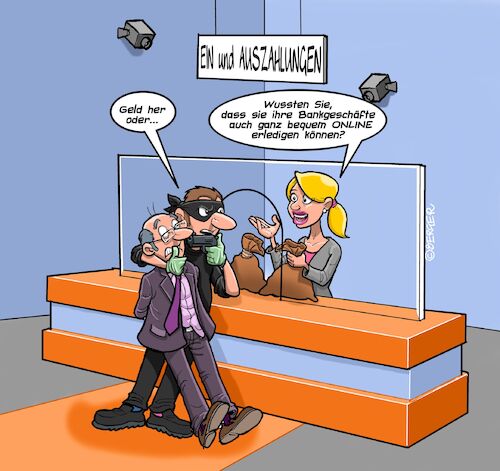 Neulich in der Sparkasse (medium) Cartoon: Neulich in der Sparkasse (medium) by Chris Berger tagged bank,sparkasse,geisel,schalter,banküberfall,raub,räuber,pistole,bank,sparkasse,geisel,schalter,banküberfall,raub,räuber,pistole