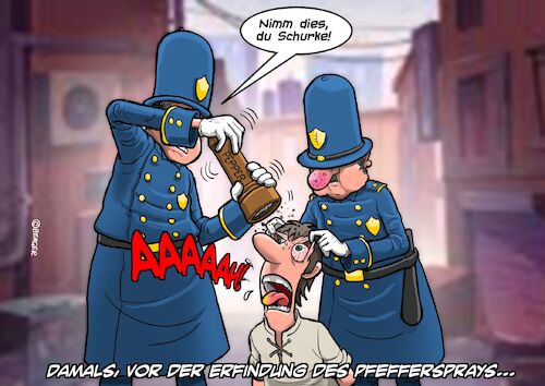 Cartoon: Pfefferspray (medium) by Joshua Aaron tagged pfefferspray,polizei,gewalt,geschichte,bandit,gauner,pfefferspray,polizei,gewalt,geschichte,bandit,gauner