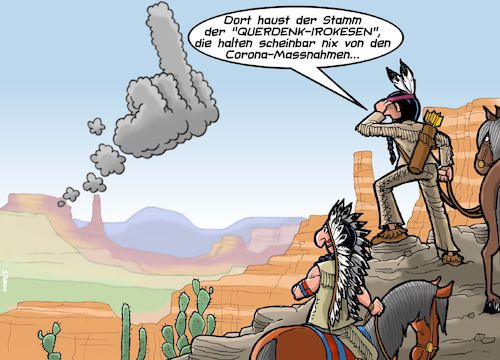 Cartoon: Querdenken im Wilden Westen (medium) by Chris Berger tagged querdenker,ballweg,corona,leugner,covid,pandemie,wilder,westen,indianer,prärie,querdenker,ballweg,corona,leugner,covid,pandemie,wilder,westen,indianer,prärie