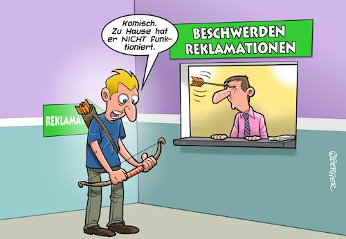 Cartoon: Reklamation (medium) by Joshua Aaron tagged pfeil,bogen,reklamation,schalter,pfeil,bogen,reklamation,schalter