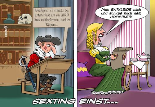 Cartoon: Sexting (medium) by Joshua Aaron tagged sexting,mittelalter,neuzeit,internet,sexting,mittelalter,neuzeit,internet