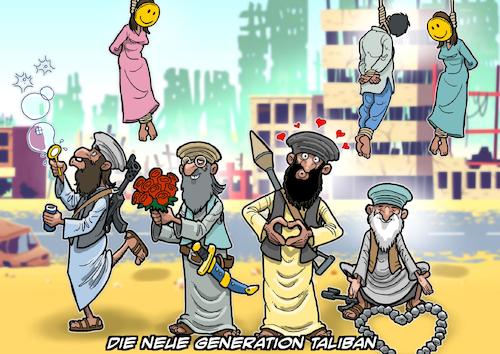 Cartoon: Taliban Neu (medium) by Joshua Aaron tagged muslime,afghanistan,taliban,neu,nächste,generation,charmeoffensive,exekutionen,hinrichtungen,täuschung,muslime,afghanistan,taliban,neu,nächste,generation,charmeoffensive,exekutionen,hinrichtungen,täuschung