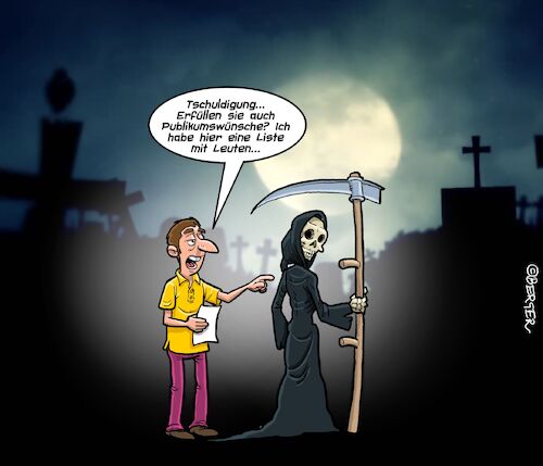 Cartoon: Wunschkonzert (medium) by Chris Berger tagged tod,publikum,wünsche,friedhof,sensenmann,tod,publikum,wünsche,friedhof,sensenmann