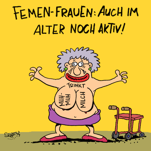 Cartoon: Aktiv (medium) by Karsten Schley tagged alter,rente,frauen,femen,werbung,aktivitäten,politik,alter,rente,frauen,femen,werbung,aktivitäten,politik