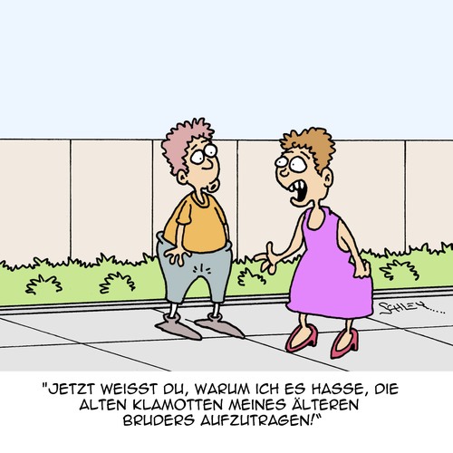 Cartoon: Altes Zeug (medium) by Karsten Schley tagged familie,brüder,kleidung,konsum,gesellschaft,kindheit,jugend,familie,brüder,kleidung,konsum,gesellschaft,kindheit,jugend