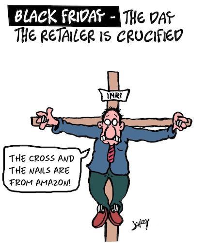 Cartoon: Black Friday (medium) by Karsten Schley tagged business,retail,economy,black,friday,online,shopping,profits,competition,capitalism,jobs,politics,amazon,social,issues,business,retail,economy,black,friday,online,shopping,profits,competition,capitalism,jobs,politics,amazon,social,issues