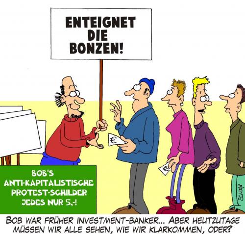 Cartoon: Bob war früher Investment-Banke (medium) by Karsten Schley tagged banker,wirtschaftskrise,wirtschaft,jobs,protest