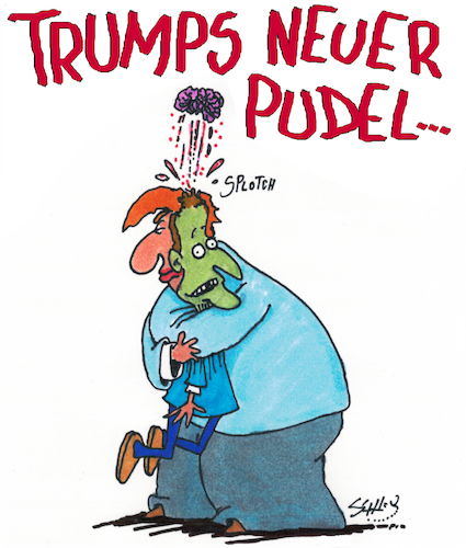 Cartoon: Der Neue (medium) by Karsten Schley tagged trump,macron,europa,frankreich,usa,politik,politiker,opportunismus,verteidigung,wirtschaft,trump,macron,europa,frankreich,usa,politik,politiker,opportunismus,verteidigung,wirtschaft