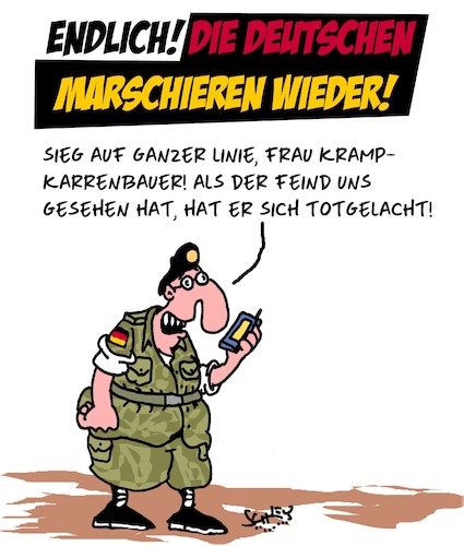 Cartoon: Deutschland marschiert zum SIEG! (medium) by Karsten Schley tagged akk,bundeswehr,deutschland,verantwortung,verteidigung,krieg,waffen,politik,gesellschaft,akk,bundeswehr,deutschland,verantwortung,verteidigung,krieg,waffen,politik,gesellschaft