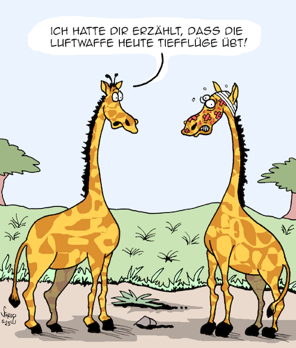 Cartoon: Die Luftwaffe (medium) by Karsten Schley tagged luftwaffe,militär,übungen,tiefflüge,verteidigung,politik,nato,bundeswehr,tiere,giraffen,gesellschaft,luftwaffe,militär,übungen,tiefflüge,verteidigung,politik,nato,bundeswehr,tiere,giraffen,gesellschaft