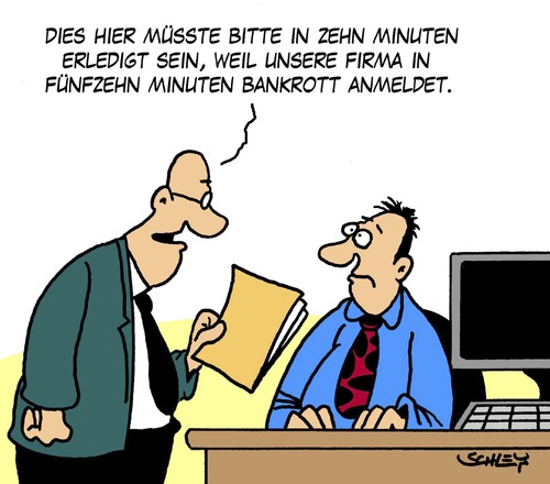 Cartoon: Erledigen (medium) by Karsten Schley tagged arbeitgeber,arbeitnehmer,arbeit,arbeitsplätze,rationalisierung,pleite,wirtschaft,bankrott,business,arbeitgeber,arbeitnehmer,arbeit,arbeitsplätze,pleite