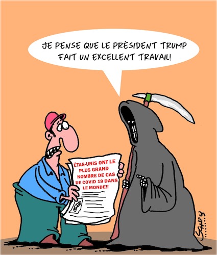 Cartoon: Excellent Travail! (medium) by Karsten Schley tagged covid19,trump,sante,politique,quarantaine,usa,covid19,trump,sante,politique,quarantaine,usa