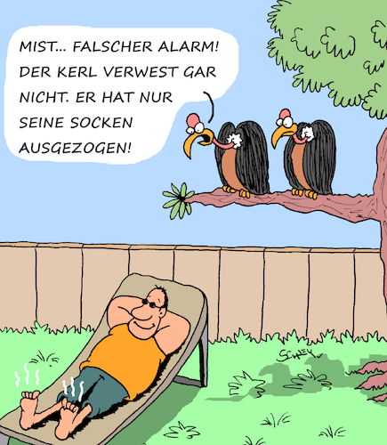 Cartoon: Falscher Alarm! (medium) by Karsten Schley tagged leben,tod,entspannung,freizeit,tiere,garten,geier,hygiene,gesellschaft,leben,tod,entspannung,freizeit,tiere,garten,geier,hygiene,gesellschaft