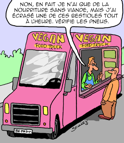 Cartoon: Food Trucks (medium) by Karsten Schley tagged nutrition,gastronomie,alimentation,vegetalien,viande,sante,tendances,affaires,nutrition,gastronomie,alimentation,vegetalien,viande,sante,tendances,affaires