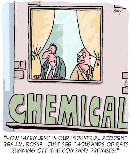 Cartoon: Harmless! (medium) by Karsten Schley tagged chemistry,industry,accidents,economy,environment,employers,employees,safety,chemistry,industry,accidents,economy,environment,employers,employees,safety