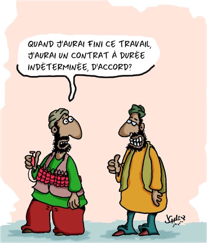 Cartoon: Indeterminee (medium) by Karsten Schley tagged contrats,travail,employeurs,employes,terrorisme,religion,politique,contrats,travail,employeurs,employes,terrorisme,religion,politique