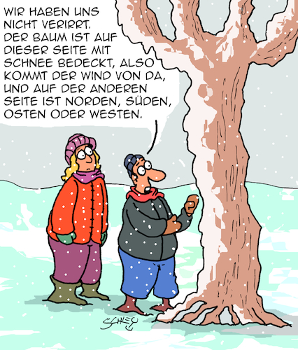 Cartoon: Ist doch logisch! (medium) by Karsten Schley tagged männer,natur,schnee,winter,frauen,orientierung,logik,umwelt,psychologie,gesellschaft,männer,natur,schnee,winter,frauen,orientierung,logik,umwelt,psychologie,gesellschaft