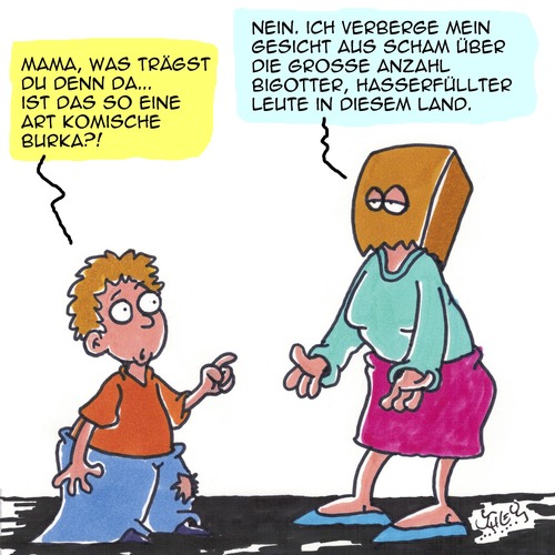 Cartoon: Komisch! (medium) by Karsten Schley tagged politik,jugend,familien,bigotterie,hass,demokratie,kinder,mütter,politik,jugend,familien,bigotterie,hass,demokratie,kinder,mütter