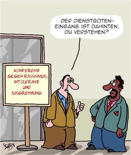 Cartoon: Konferenz gegen... (medium) by Karsten Schley tagged rassismus,bogotterie,intoleranz,politik,ausgrenzung,alltagsfaschismus,gesellschaft,rassismus,bogotterie,intoleranz,politik,ausgrenzung,alltagsfaschismus,gesellschaft