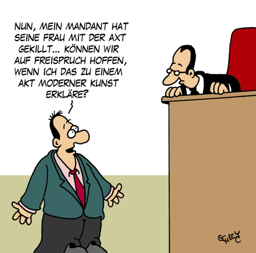 Cartoon: Künstlerische Freiheit (medium) by Karsten Schley tagged kriminalität,mord,kunst,kunstwerke,recht,rechtsprechung,justiz,gerichte,anwälte