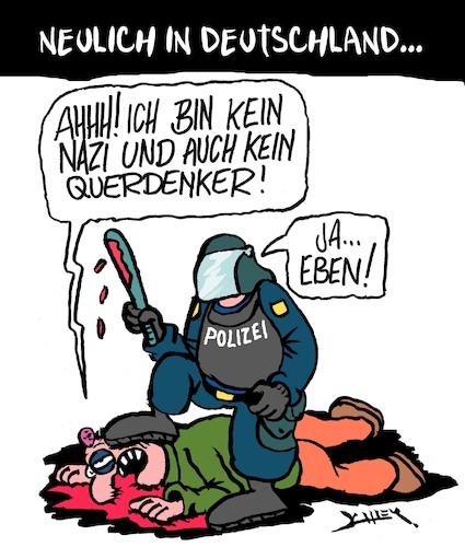 Cartoon: Letztens in Deutschland (medium) by Karsten Schley tagged covidioten,neonazis,demonstrationen,polizei,politik,demokratie,polizeigewalt,justiz,deutschland,covidioten,neonazis,demonstrationen,polizei,politik,demokratie,polizeigewalt,justiz,deutschland