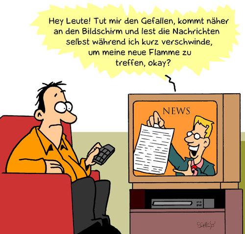 Cartoon: Nachrichten (medium) by Karsten Schley tagged fernsehen,gesellschaft,liebe,mann,frau,deutschland,tv,entertainment,medien,fernsehen,gesellschaft,frau,deutschland,tv,entertainment,medien