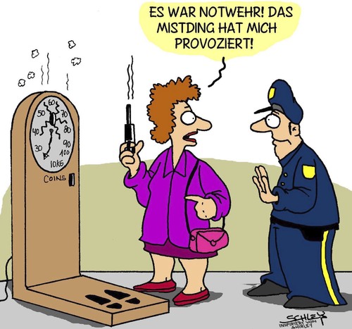 Cartoon: Notwehr (medium) by Karsten Schley tagged gesundheit,gesellschaft,frauen,gewicht,übergewicht,deutschland,waffen,gesundheit,gesellschaft,frauen,gewicht,übergewicht,deutschland,waffen