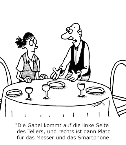 Cartoon: Ordnung muß sein (medium) by Karsten Schley tagged tischregeln,restaurants,gastronomie,essen,manieren,technik,smartphones,tischregeln,restaurants,gastronomie,essen,manieren,technik,smartphones