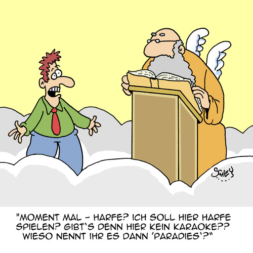Cartoon: Paradies??! (medium) by Karsten Schley tagged religion,christentum,himmel,paradies,unterhaltung,engel,karaoke,singen,religion,christentum,himmel,paradies,unterhaltung,engel,karaoke,singen