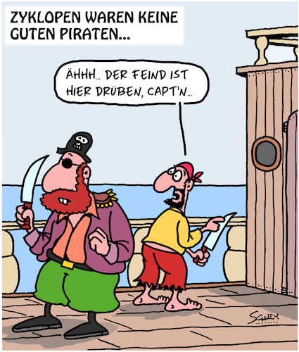 Cartoon: Piraten! (medium) by Karsten Schley tagged piraten,geschichte,mythen,legenden,seefahrt,zyklopen,piraten,geschichte,mythen,legenden,seefahrt,zyklopen