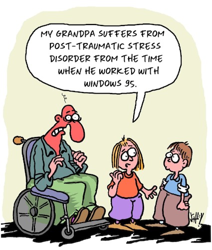 Cartoon: PTSD (medium) by Karsten Schley tagged ptsd,stress,computers,windows95,families,old,age,work,professions,jobs,business,economy,retirement,ptsd,stress,computers,windows95,families,old,age,work,professions,jobs,business,economy,retirement